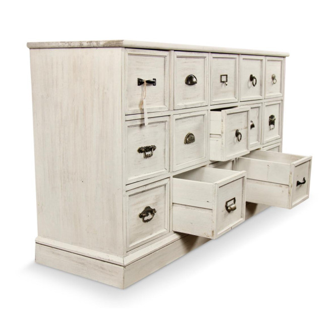 Wochenmöbel Chiffonnier Grainetier Holz 15 Schubladen Cerusé Weiß 137.5x40.5x76cm