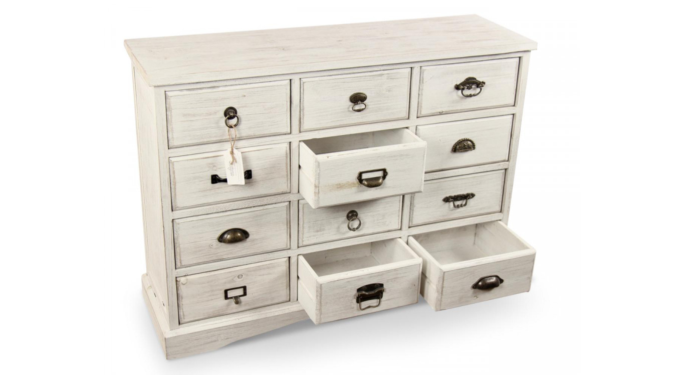 Wochenmöbel Chiffonnier Grainetier Holz 12 Schubladen Cerusé Weiß 101x31.5x75cm