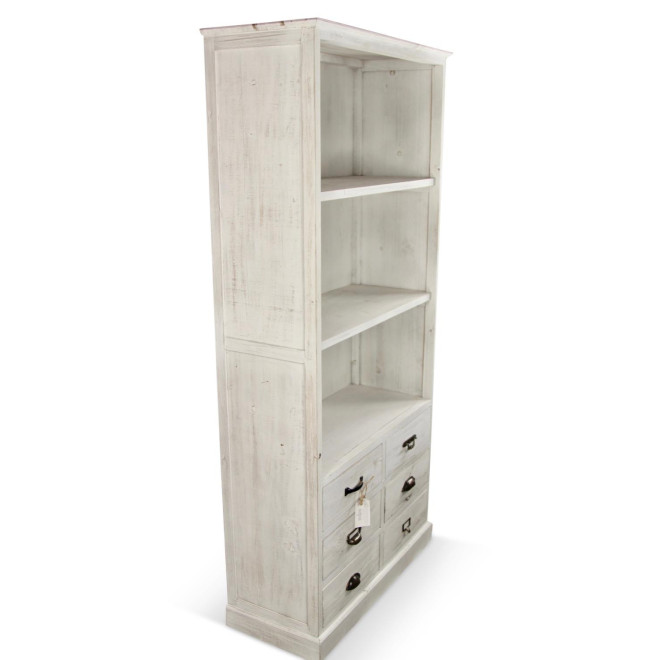 Buffet Vaisselier Rangement Bois 6 Tiroirs Cerusé Blanc 78x34x168cm