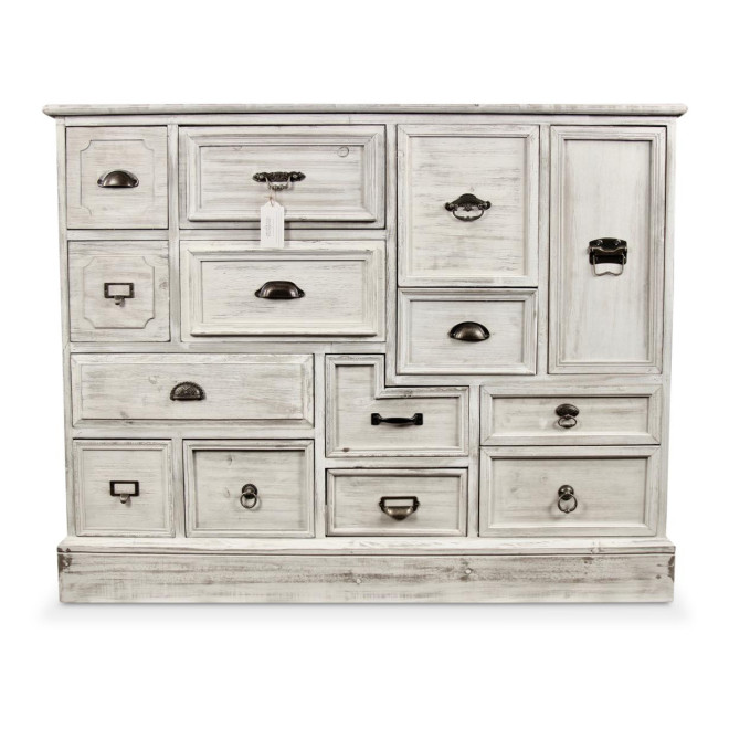 Wochenschrank Chiffonnier Grainetier Bois 14 Schubladen Cerusé Blanc 125x40x99cm