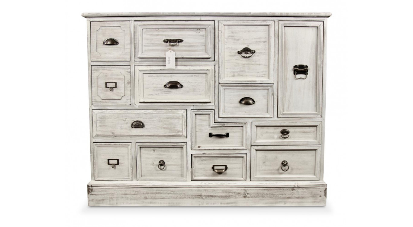 Wochenschrank Chiffonnier Grainetier Bois 14 Schubladen Cerusé Blanc 125x40x99cm