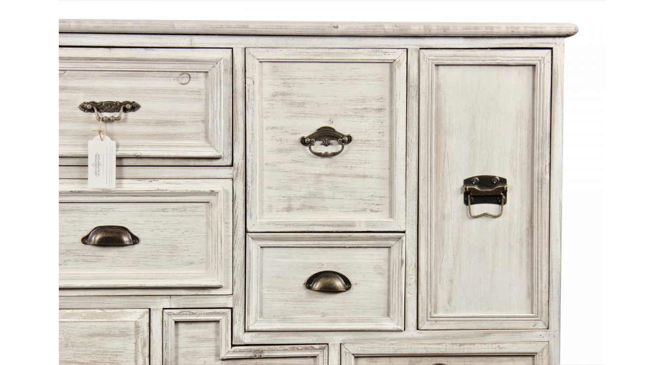 Wochenschrank Chiffonnier Grainetier Bois 14 Schubladen Cerusé Blanc 125x40x99cm