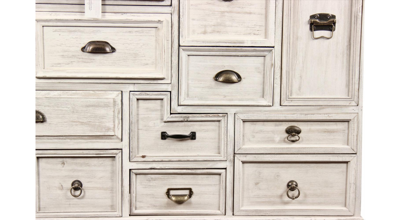 Wochenschrank Chiffonnier Grainetier Bois 14 Schubladen Cerusé Blanc 125x40x99cm
