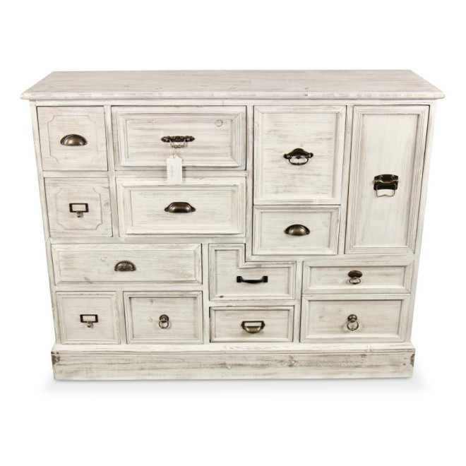 Wochenschrank Chiffonnier Grainetier Bois 14 Schubladen Cerusé Blanc 125x40x99cm