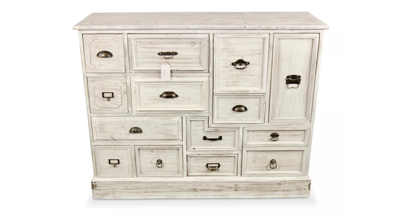 Wochenschrank Chiffonnier Grainetier Bois 14 Schubladen Cerusé Blanc 125x40x99cm