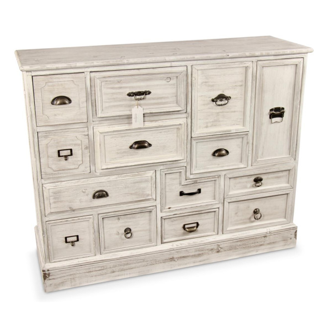 Wochenschrank Chiffonnier Grainetier Bois 14 Schubladen Cerusé Blanc 125x40x99cm