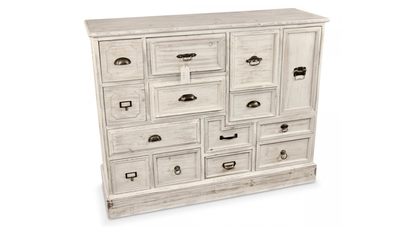 Wochenschrank Chiffonnier Grainetier Bois 14 Schubladen Cerusé Blanc 125x40x99cm