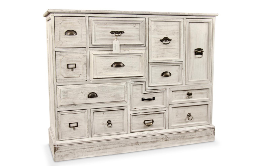 Meuble Semainier Chiffonnier Grainetier Bois 14 Tiroirs Cerusé Blanc 125x40x99cm