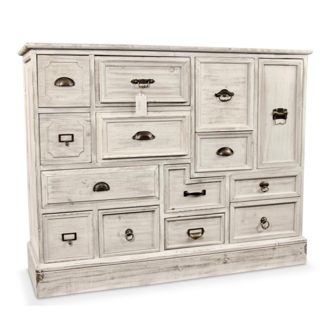 Wochenschrank Chiffonnier Grainetier Bois 14 Schubladen Cerusé Blanc 125x40x99cm