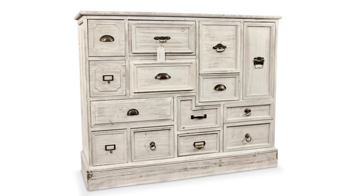 Wochenschrank Chiffonnier Grainetier Bois 14 Schubladen Cerusé Blanc 125x40x99cm