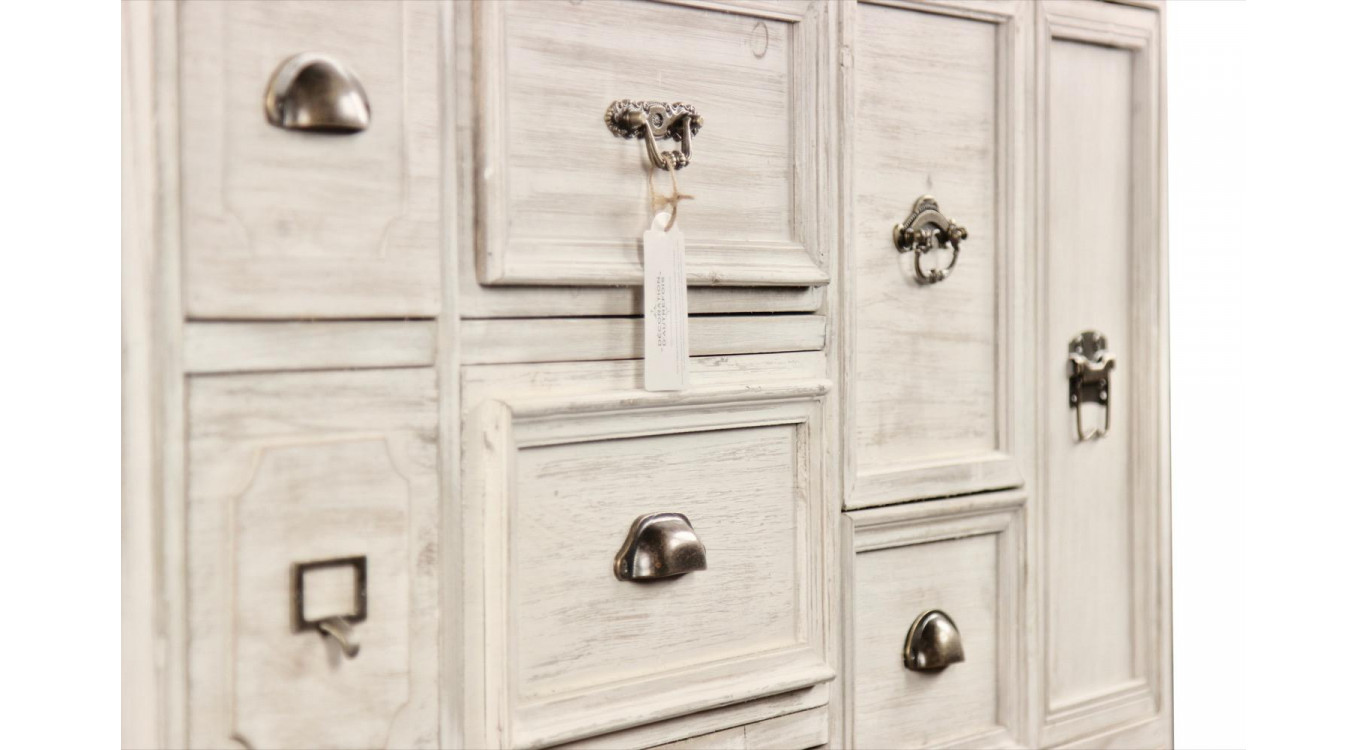 Wochenschrank Chiffonnier Grainetier Bois 14 Schubladen Cerusé Blanc 125x40x99cm