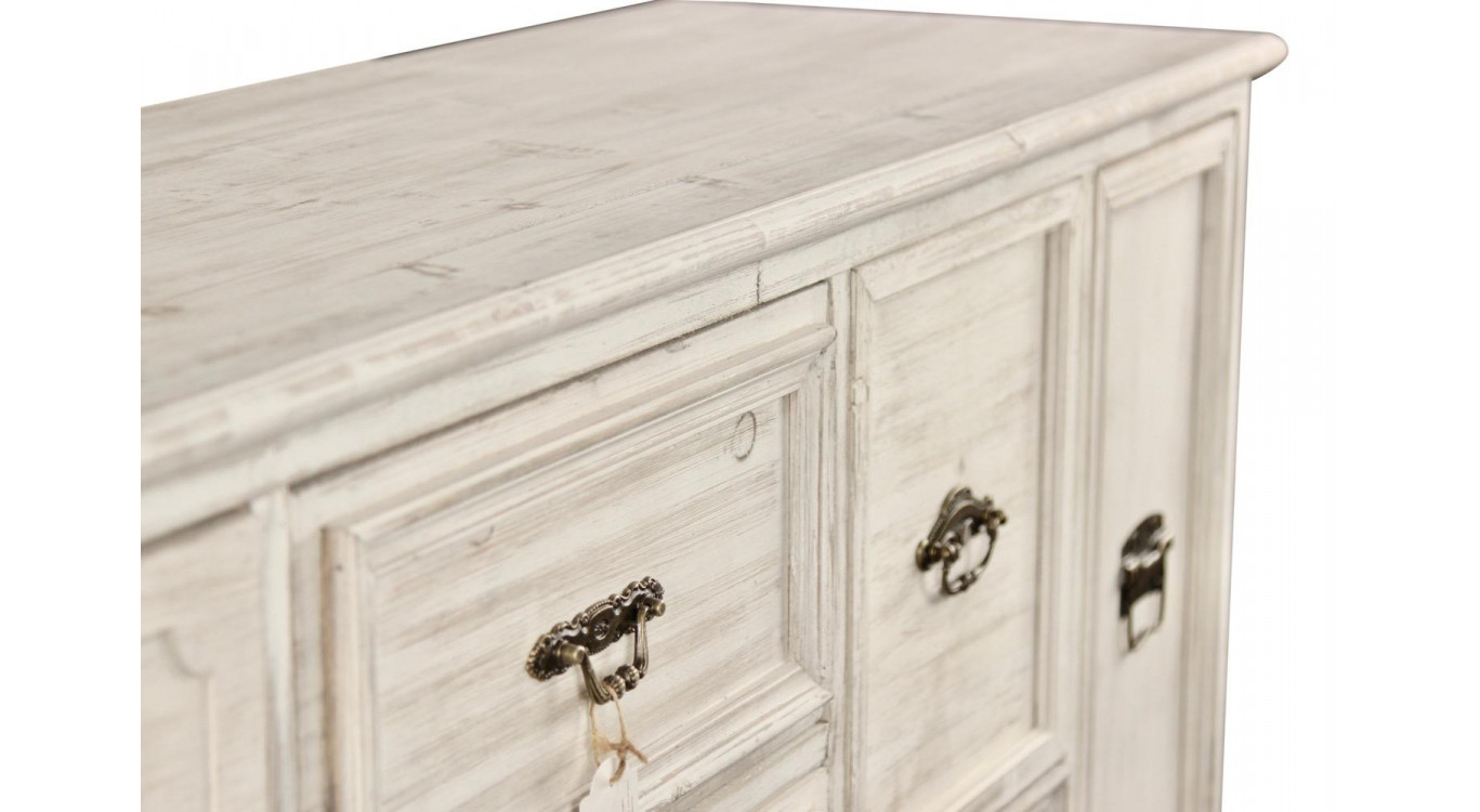 Wochenschrank Chiffonnier Grainetier Bois 14 Schubladen Cerusé Blanc 125x40x99cm