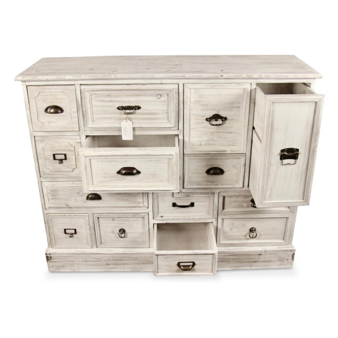 Wochenschrank Chiffonnier Grainetier Bois 14 Schubladen Cerusé Blanc 125x40x99cm