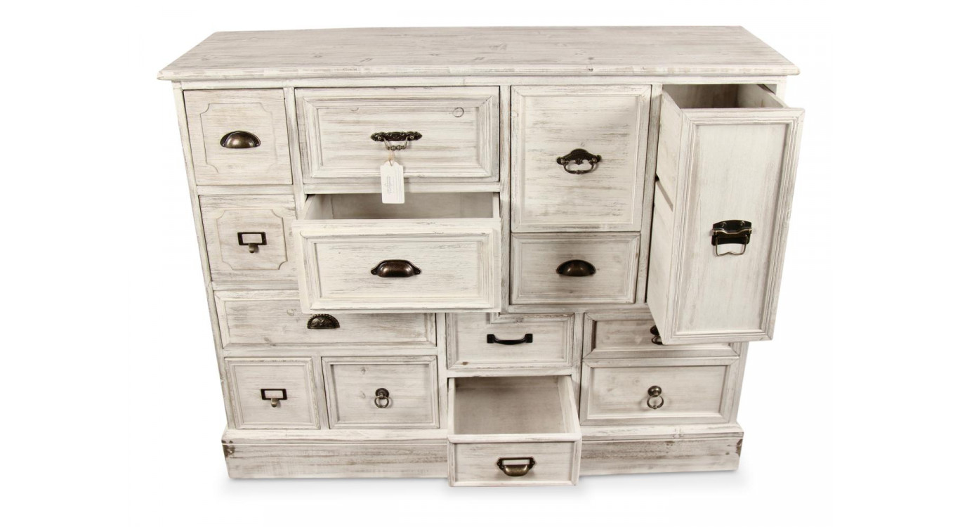 Wochenschrank Chiffonnier Grainetier Bois 14 Schubladen Cerusé Blanc 125x40x99cm