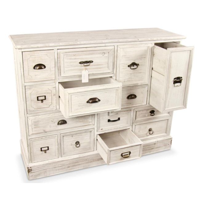 Meuble Semainier Chiffonnier Grainetier Bois 14 Tiroirs Cerusé Blanc 125x40x99cm