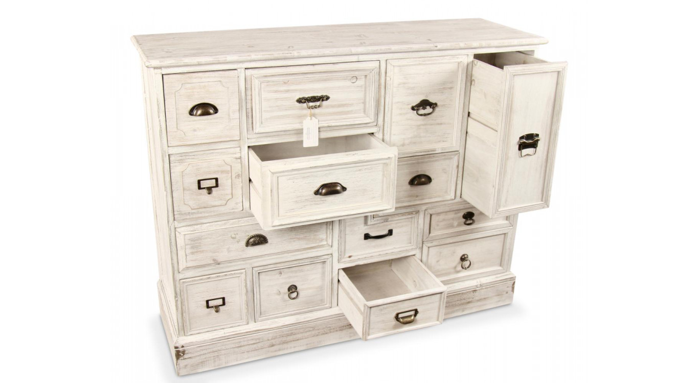 Wochenschrank Chiffonnier Grainetier Bois 14 Schubladen Cerusé Blanc 125x40x99cm