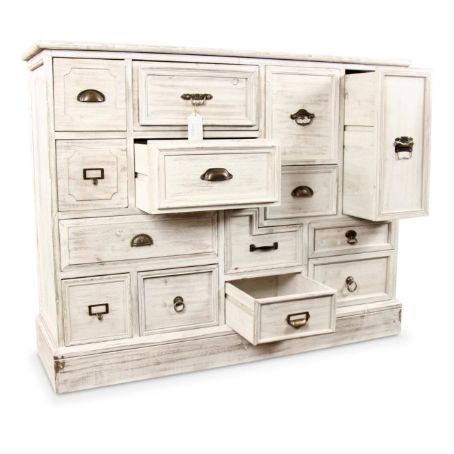 Wochenschrank Chiffonnier Grainetier Bois 14 Schubladen Cerusé Blanc 125x40x99cm