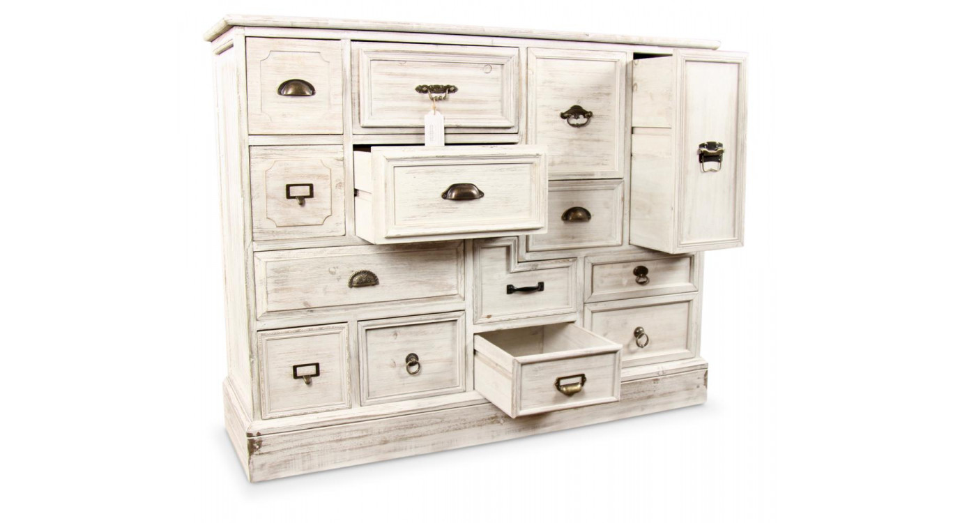 Wochenschrank Chiffonnier Grainetier Bois 14 Schubladen Cerusé Blanc 125x40x99cm