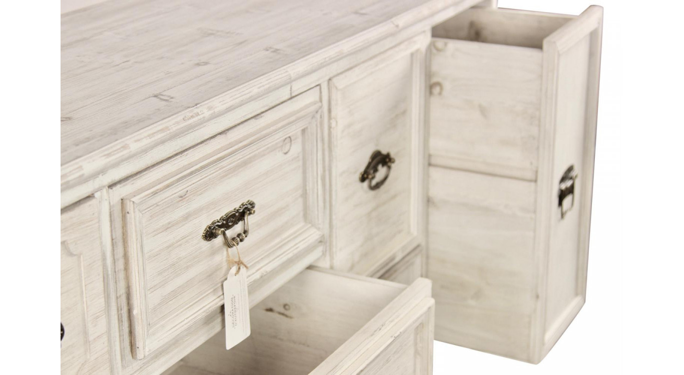 Wochenschrank Chiffonnier Grainetier Bois 14 Schubladen Cerusé Blanc 125x40x99cm