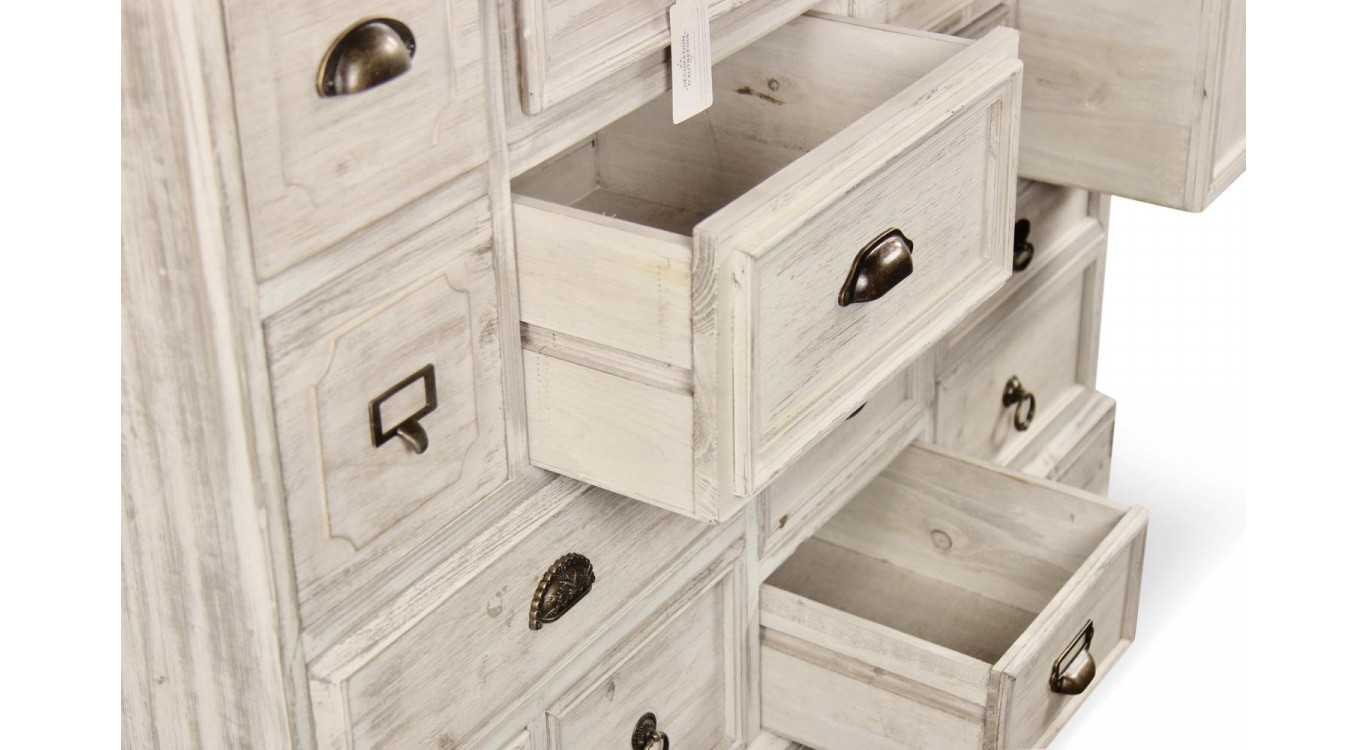 Wochenschrank Chiffonnier Grainetier Bois 14 Schubladen Cerusé Blanc 125x40x99cm