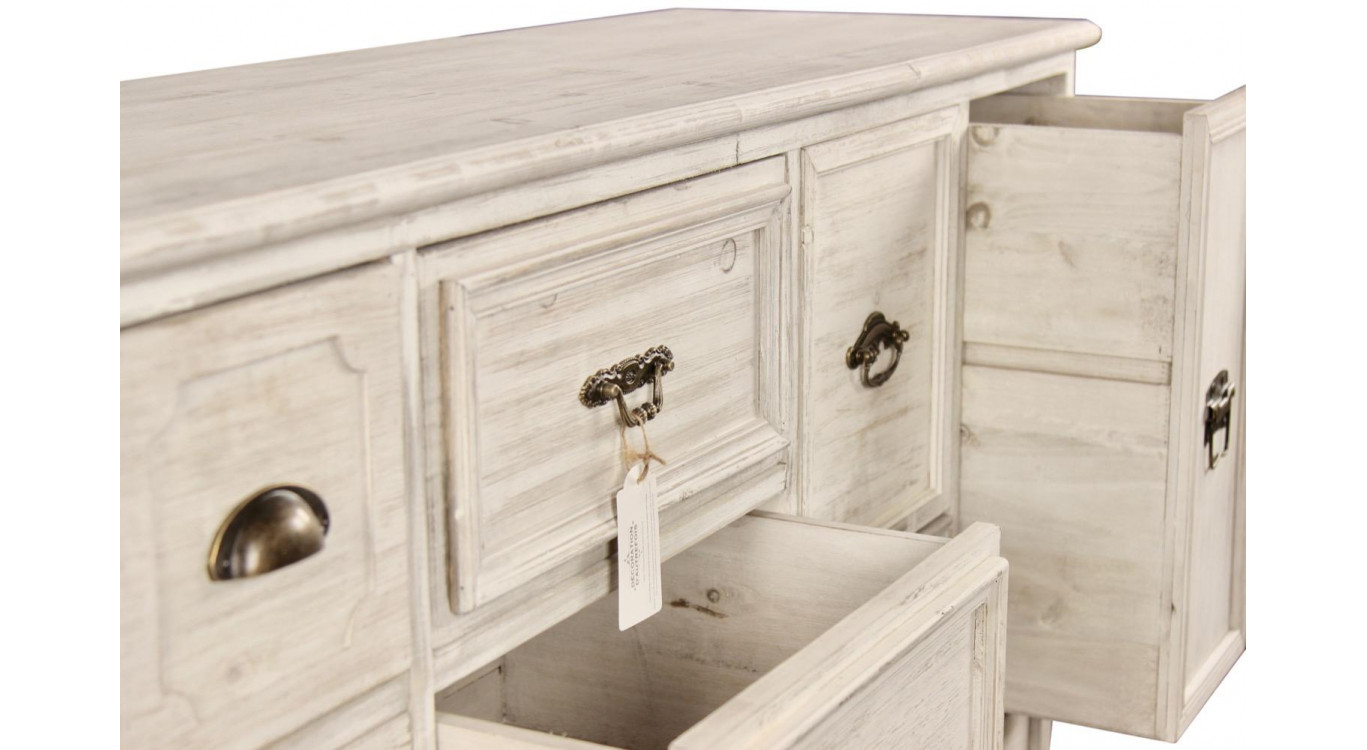 Wochenschrank Chiffonnier Grainetier Bois 14 Schubladen Cerusé Blanc 125x40x99cm