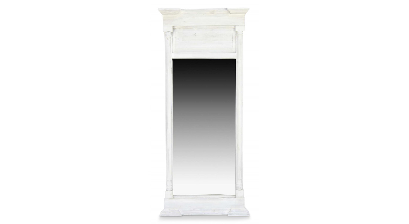 Grand Miroir Ancien Rectangulaire Vertical Bois Cerusé Blanc 59x11x136cm