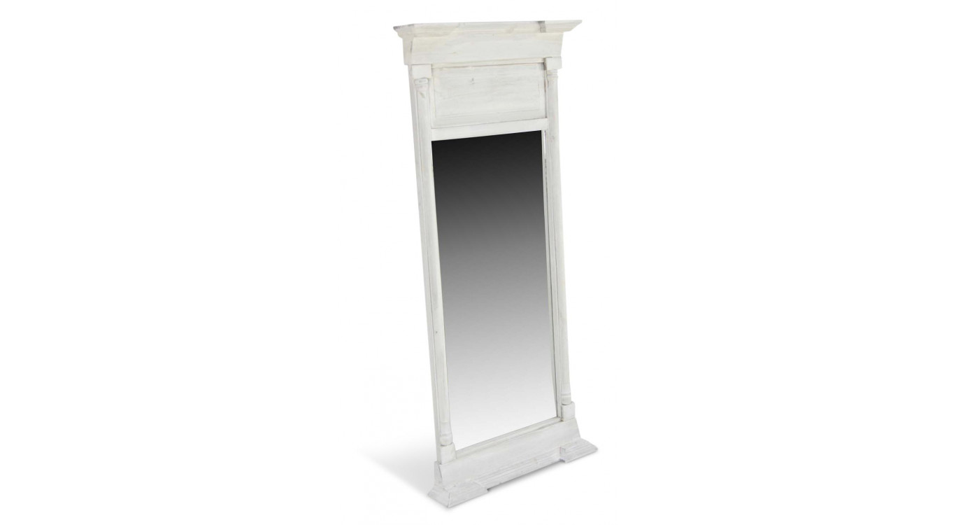Grand Miroir Ancien Rectangulaire Vertical Bois Cerusé Blanc 59x11x136cm