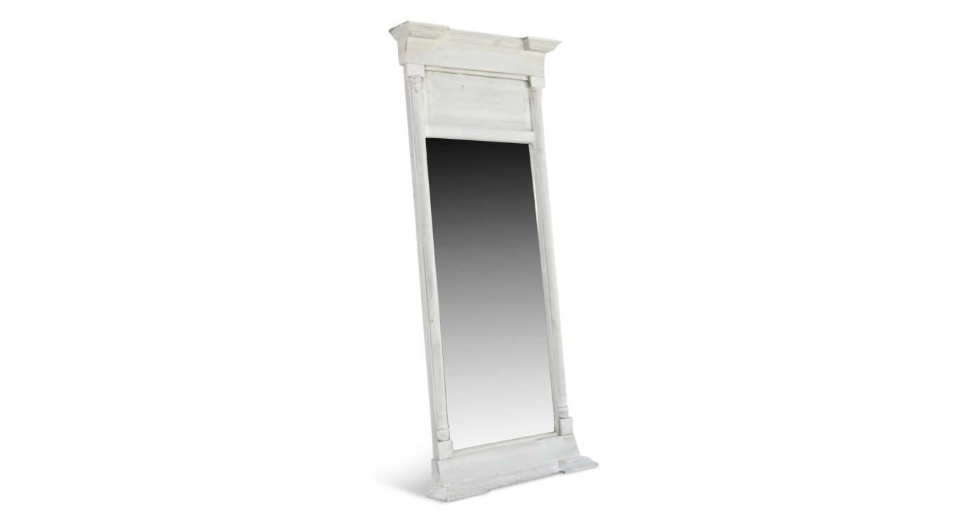 Grand Miroir Ancien Rectangulaire Vertical Bois Cerusé Blanc 59x11x136cm