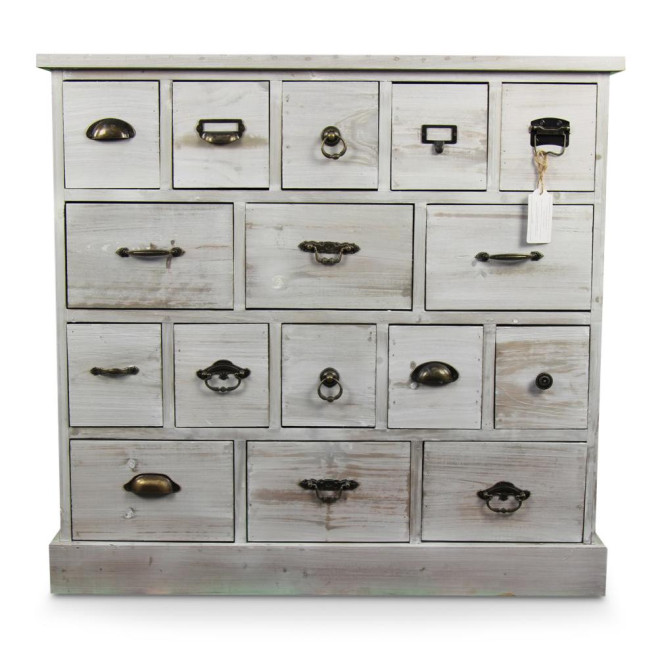 Meuble Semainier Chiffonnier Grainetier Bois 16 Tiroirs Cerusé Blanc 96x35x92cm