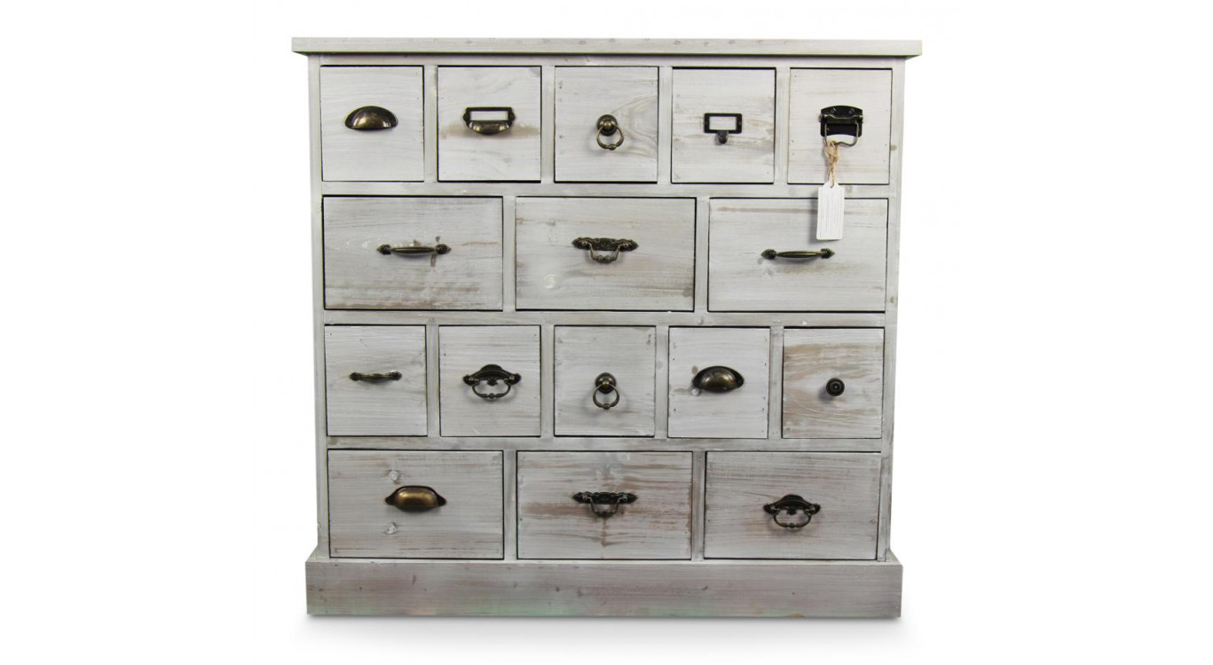 Wochenschrank Chiffonnier Grainetier Bois 16 Schubladen Cerusé Blanc 96x35x92cm