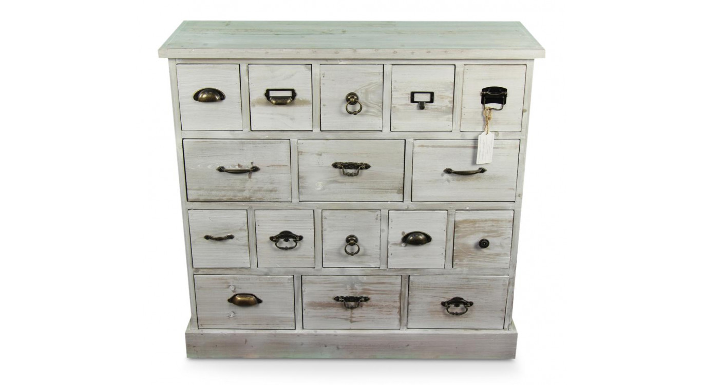 Wochenschrank Chiffonnier Grainetier Bois 16 Schubladen Cerusé Blanc 96x35x92cm