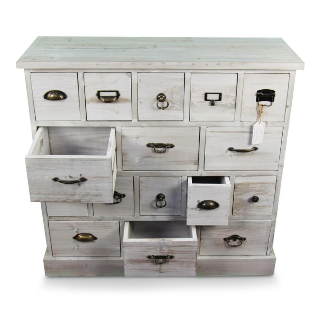 Wochenschrank Chiffonnier Grainetier Bois 16 Schubladen Cerusé Blanc 96x35x92cm