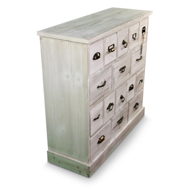 Wochenschrank Chiffonnier Grainetier Bois 16 Schubladen Cerusé Blanc 96x35x92cm