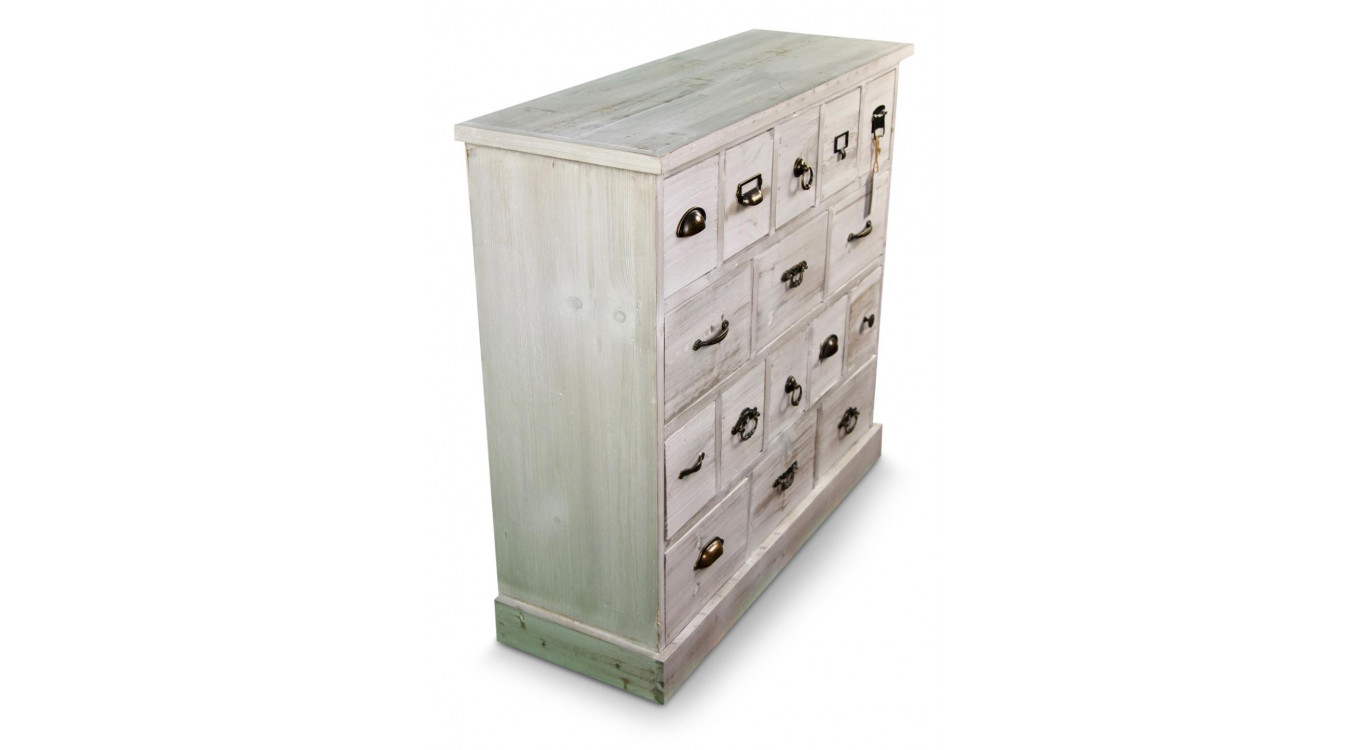 Wochenschrank Chiffonnier Grainetier Bois 16 Schubladen Cerusé Blanc 96x35x92cm