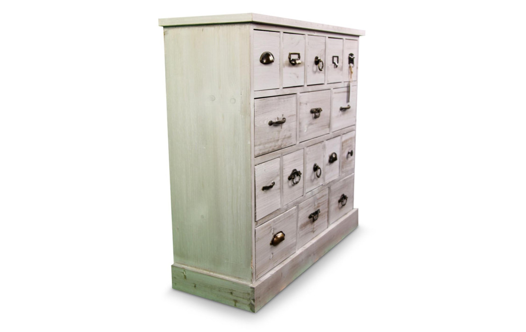 Wochenschrank Chiffonnier Grainetier Bois 16 Schubladen Cerusé Blanc 96x35x92cm