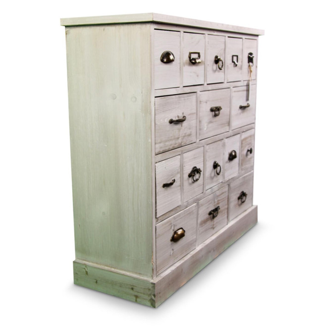 Wochenschrank Chiffonnier Grainetier Bois 16 Schubladen Cerusé Blanc 96x35x92cm