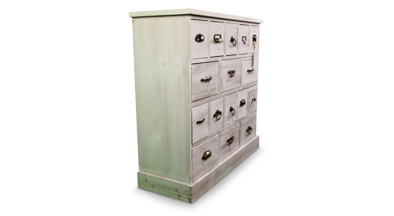 Wochenschrank Chiffonnier Grainetier Bois 16 Schubladen Cerusé Blanc 96x35x92cm