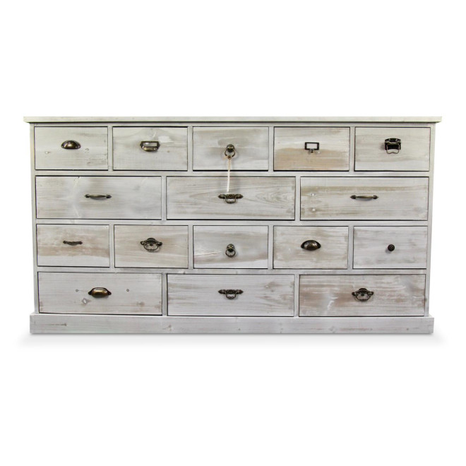 Wochenschrank Chiffonnier Grainetier Bois 16 Schubladen Cerusé Blanc 170x35x92cm