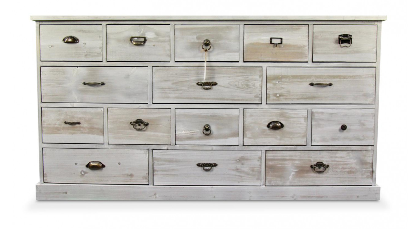 Wochenschrank Chiffonnier Grainetier Bois 16 Schubladen Cerusé Blanc 170x35x92cm