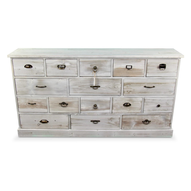 Meuble Semainier Chiffonnier Grainetier Bois 16 Tiroirs Cerusé Blanc 170x35x92cm