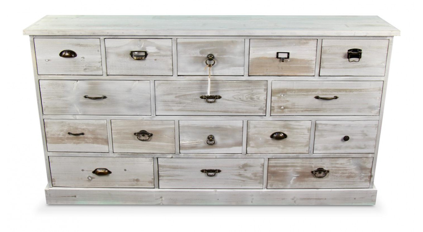 Wochenschrank Chiffonnier Grainetier Bois 16 Schubladen Cerusé Blanc 170x35x92cm