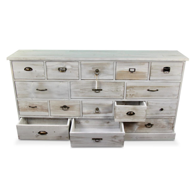 Meuble Semainier Chiffonnier Grainetier Bois 16 Tiroirs Cerusé Blanc 170x35x92cm