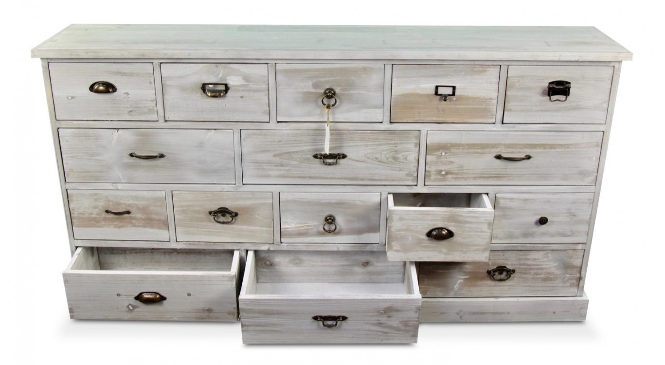 Meuble Semainier Chiffonnier Grainetier Bois 16 Tiroirs Cerusé Blanc 170x35x92cm