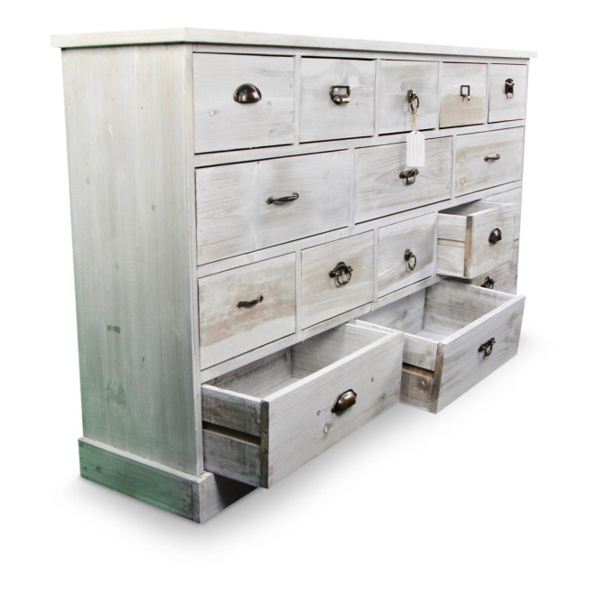 Meuble Semainier Chiffonnier Grainetier Bois 16 Tiroirs Cerusé Blanc 170x35x92cm