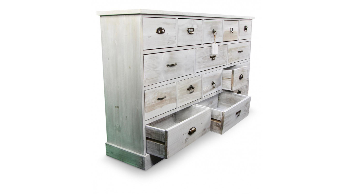Meuble Semainier Chiffonnier Grainetier Bois 16 Tiroirs Cerusé Blanc 170x35x92cm