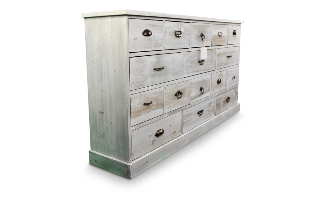 Wochenschrank Chiffonnier Grainetier Bois 16 Schubladen Cerusé Blanc 170x35x92cm