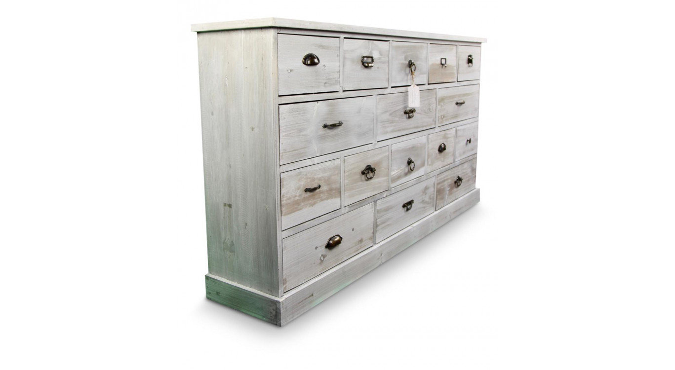 Wochenschrank Chiffonnier Grainetier Bois 16 Schubladen Cerusé Blanc 170x35x92cm
