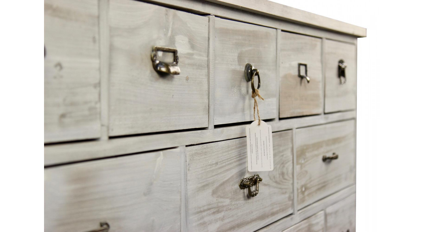 Meuble Semainier Chiffonnier Grainetier Bois 16 Tiroirs Cerusé Blanc 170x35x92cm