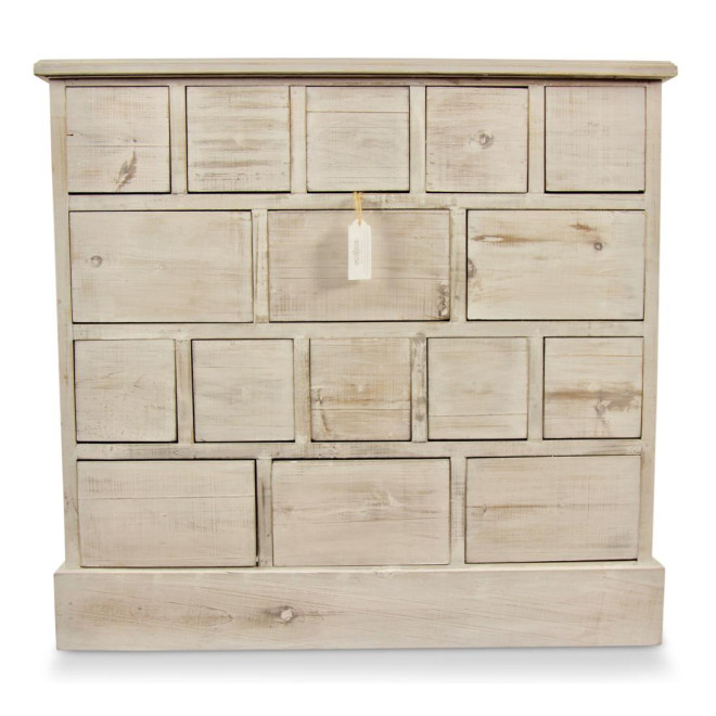 Meuble Semainier Chiffonnier Grainetier Bois 16 Tiroirs Cerusé Blanc Nu 96x35x92cm