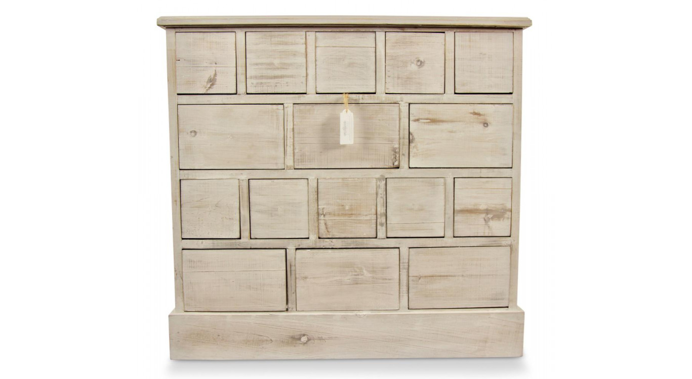 Meuble Semainier Chiffonnier Grainetier Bois 16 Tiroirs Cerusé Blanc Nu 96x35x92cm